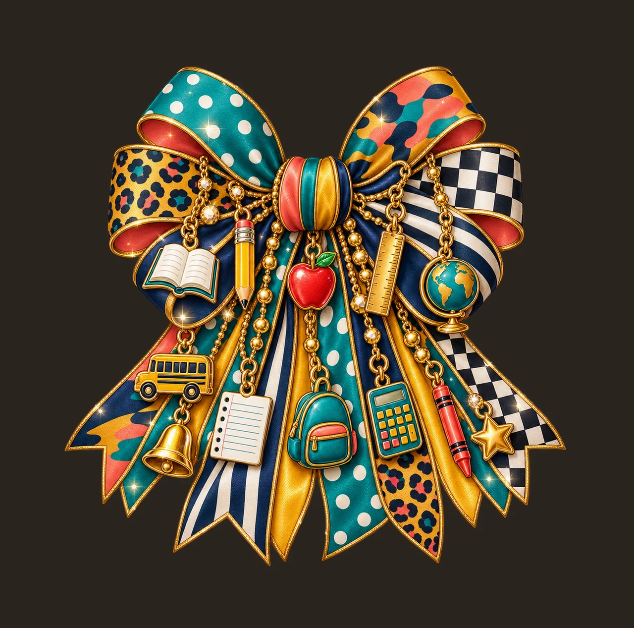 Elementary Teacher Bow Charm PNG, Themed Gold Chain Charms, Coquette Ribbon Sublimation Design, Transparent Digital Download contrast preview thumbnail