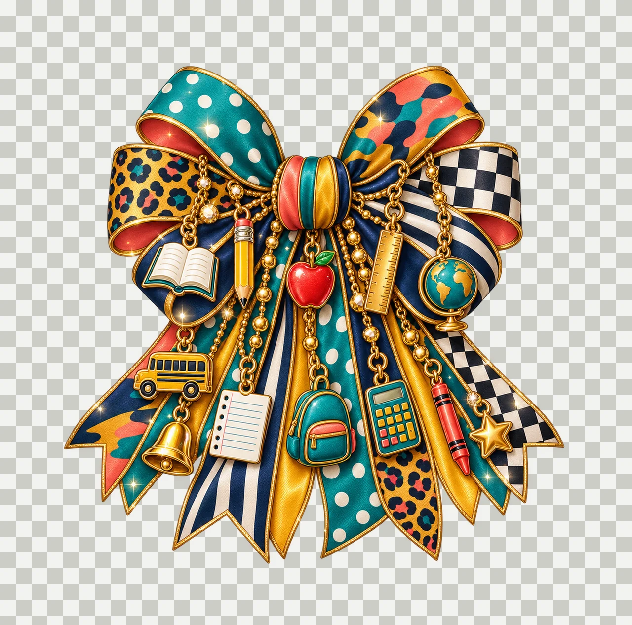 Elementary Teacher Bow Charm PNG, Themed Gold Chain Charms, Coquette Ribbon Sublimation Design, Transparent Digital Download transparency and detail preview thumbnail
