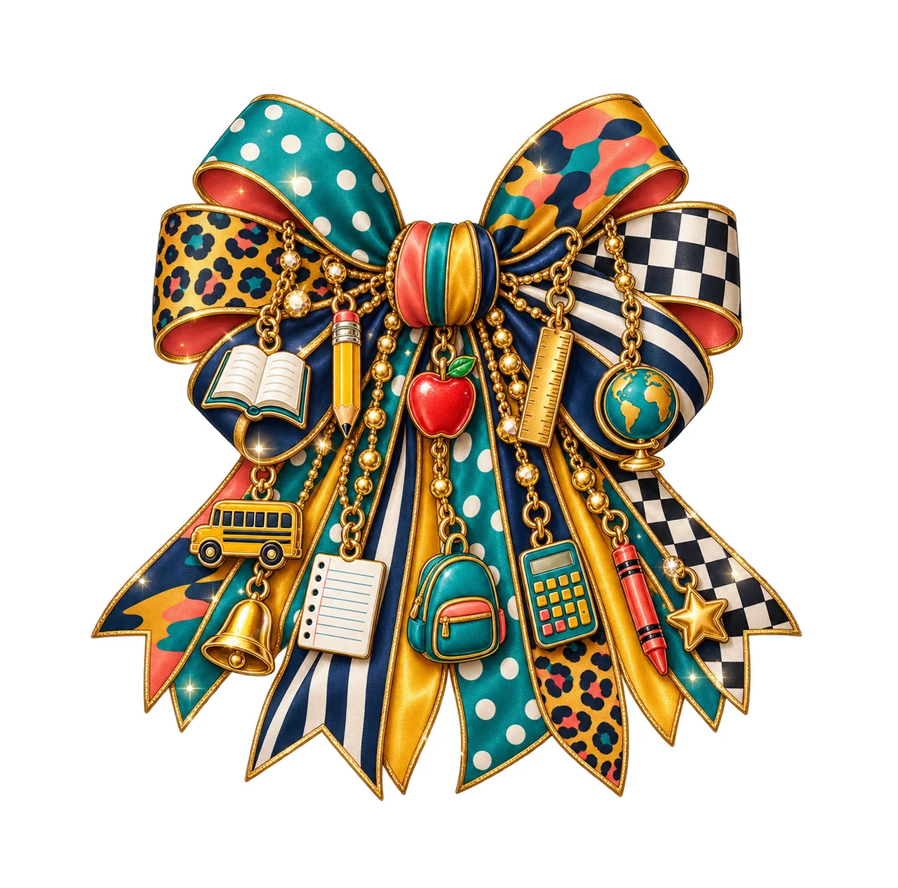 Elementary Teacher Bow Charm PNG, Themed Gold Chain Charms, Coquette Ribbon Sublimation Design, Transparent Digital Download
