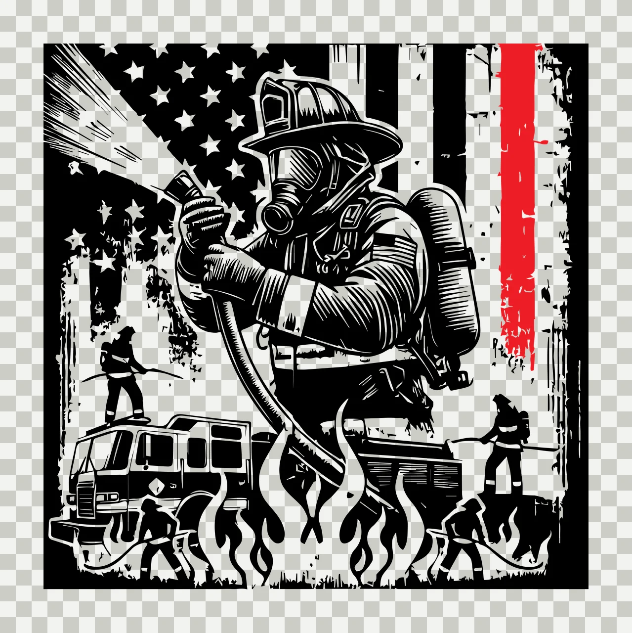 Flag Firefighter Silhouette With American spraying water Variation transparency and detail preview thumbnail