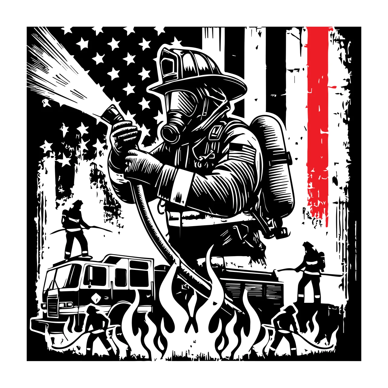 Flag Firefighter Silhouette With American spraying water Variation