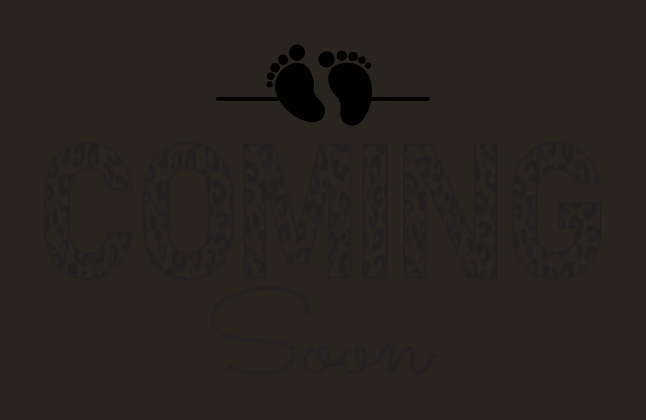 COMING Soon baby announcement Design with leopard print text, cursive typography, baby footprints silhouette and split horizontal divider line in black and white contrast preview thumbnail