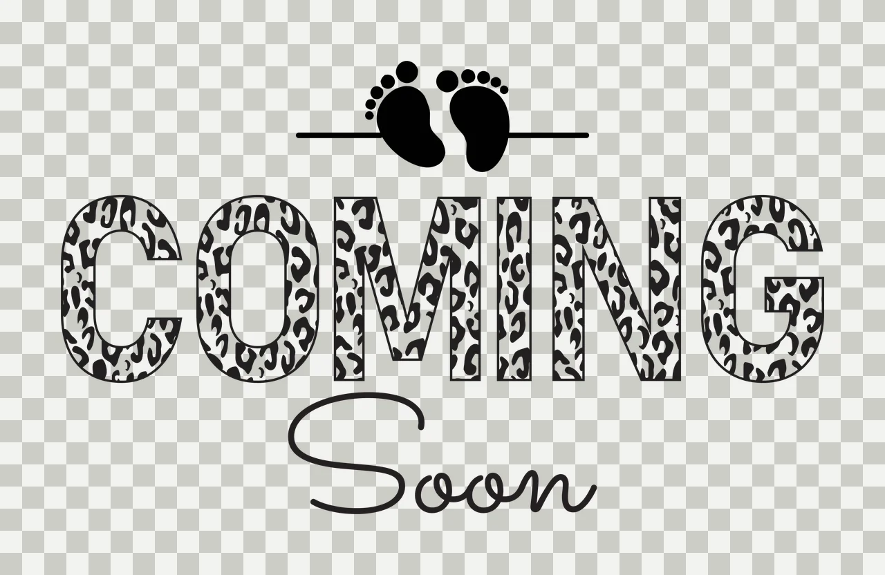 COMING Soon baby announcement Design with leopard print text, cursive typography, baby footprints silhouette and split horizontal divider line in black and white transparency and detail preview thumbnail