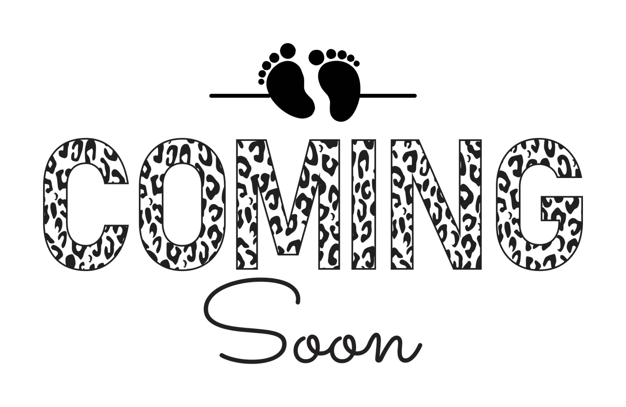 COMING Soon baby announcement Design with leopard print text, cursive typography, baby footprints silhouette and split horizontal divider line in black and white