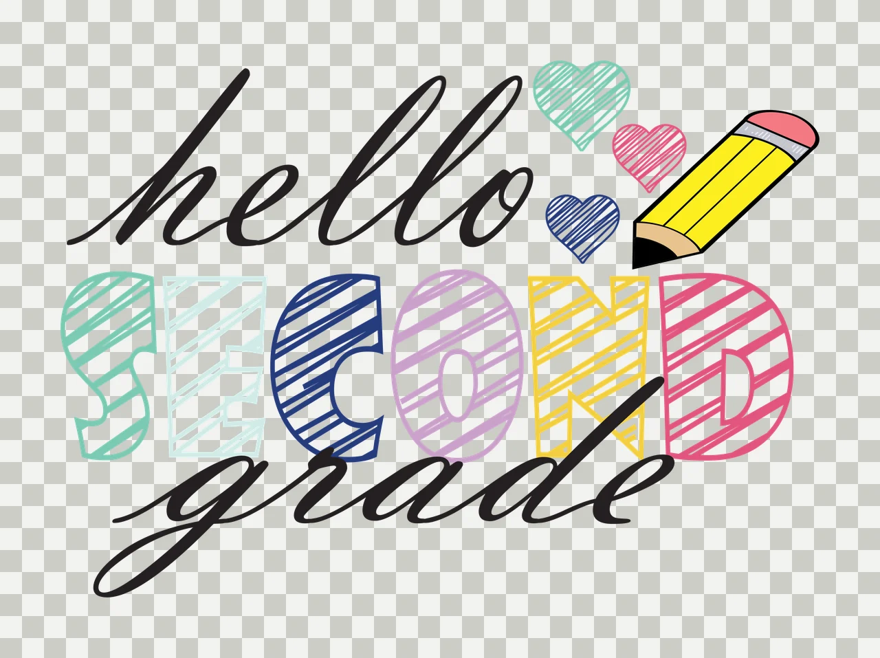 School Grade Hello Hello Second Grade Text and pencil hearts transparency and detail preview thumbnail