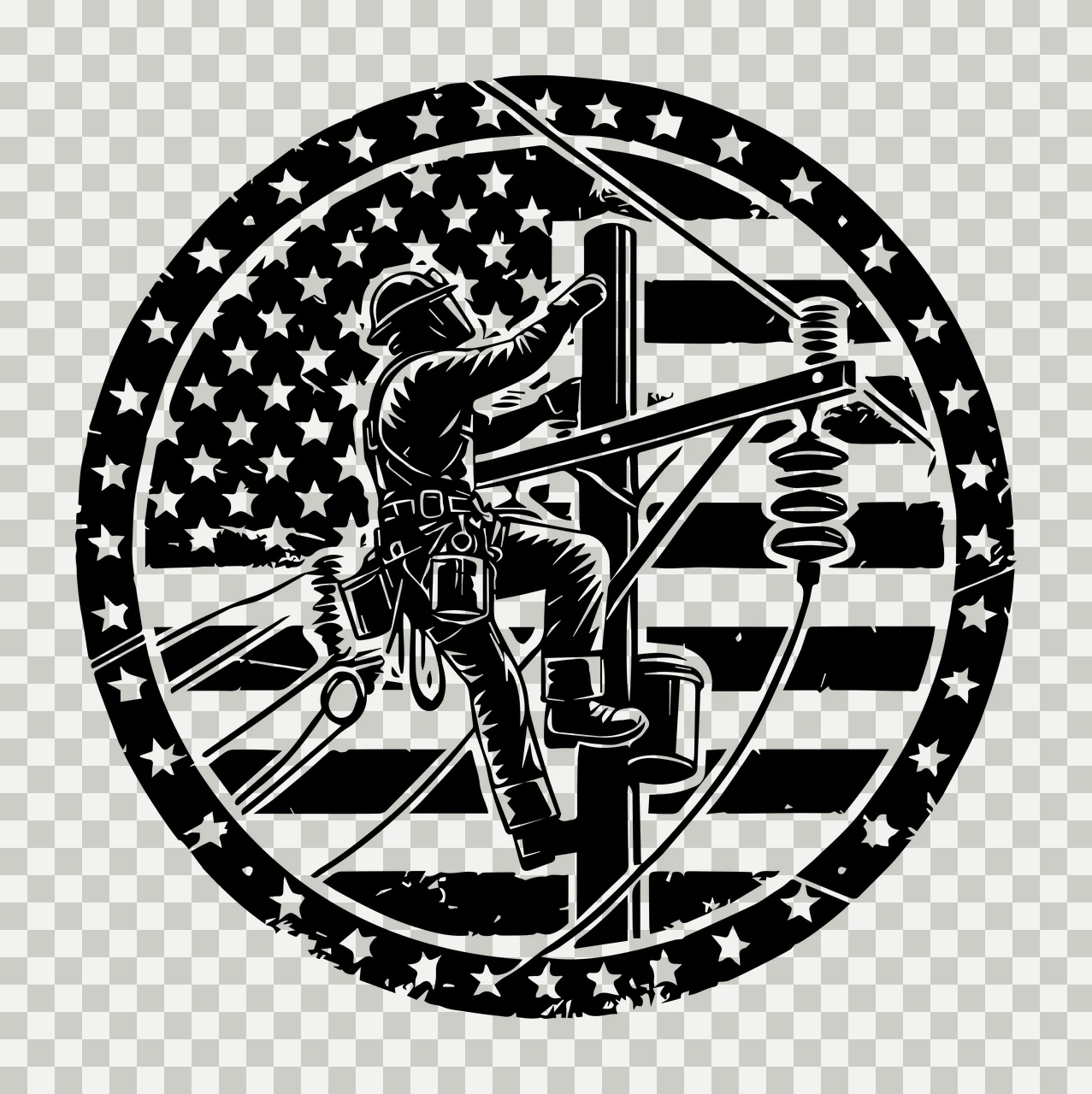Linework Electrician On Pole Flag Emblem climbing utility black transparency and detail preview thumbnail