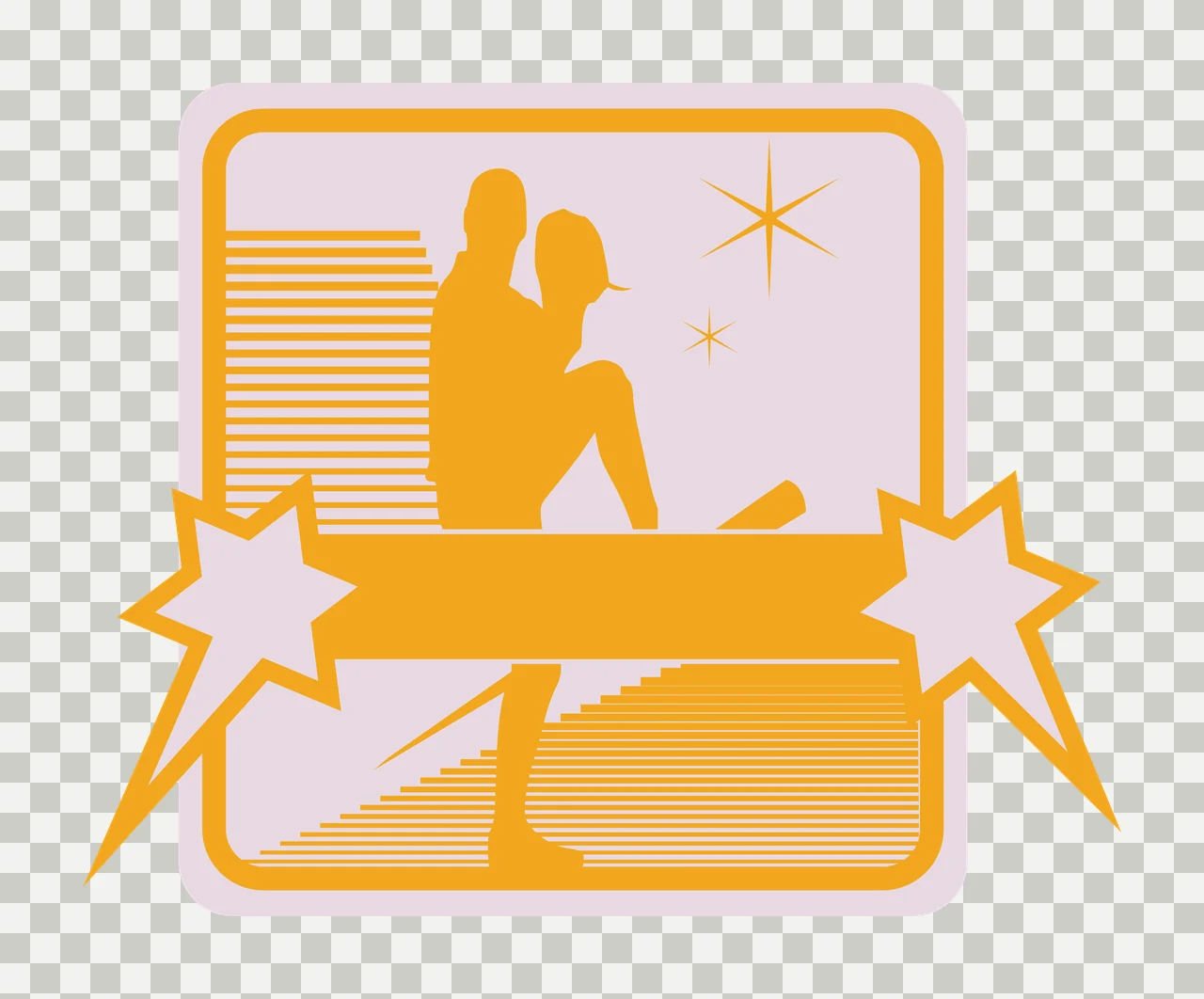 Baseball pitcher silhouette Illustration with blank horizontal banner, starbursts, rounded rectangular frame and striped background pattern in yellow, orange and lavender transparency and detail preview thumbnail
