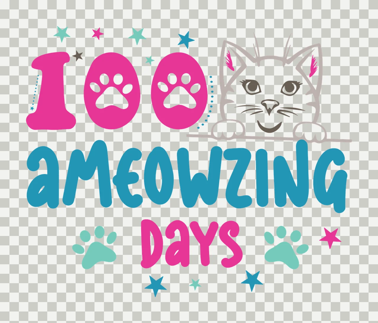 Cat 100 Ameowzing Days Text Graphic head paw prints stars numbers transparency and detail preview thumbnail