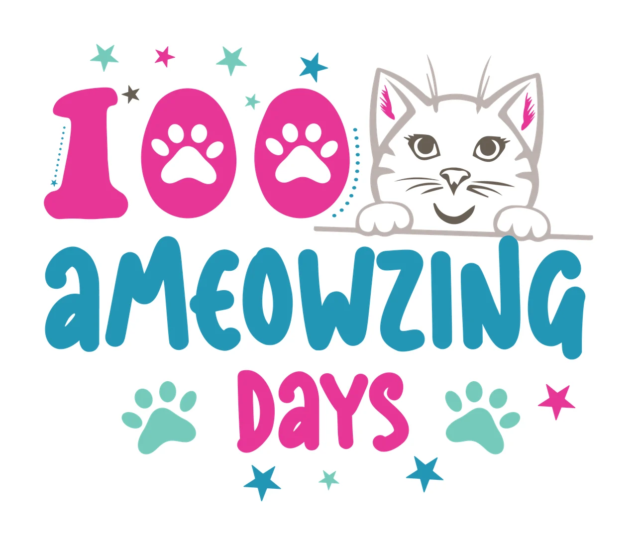 Cat 100 Ameowzing Days Text Graphic head paw prints stars numbers