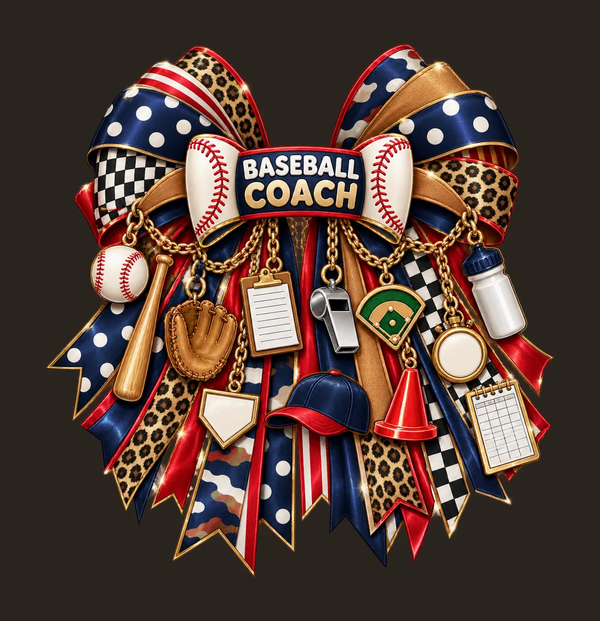 Baseball Coach Bow Charm PNG, Gold Chain Charms, Transparent Sublimation Design, Digital Download contrast preview thumbnail