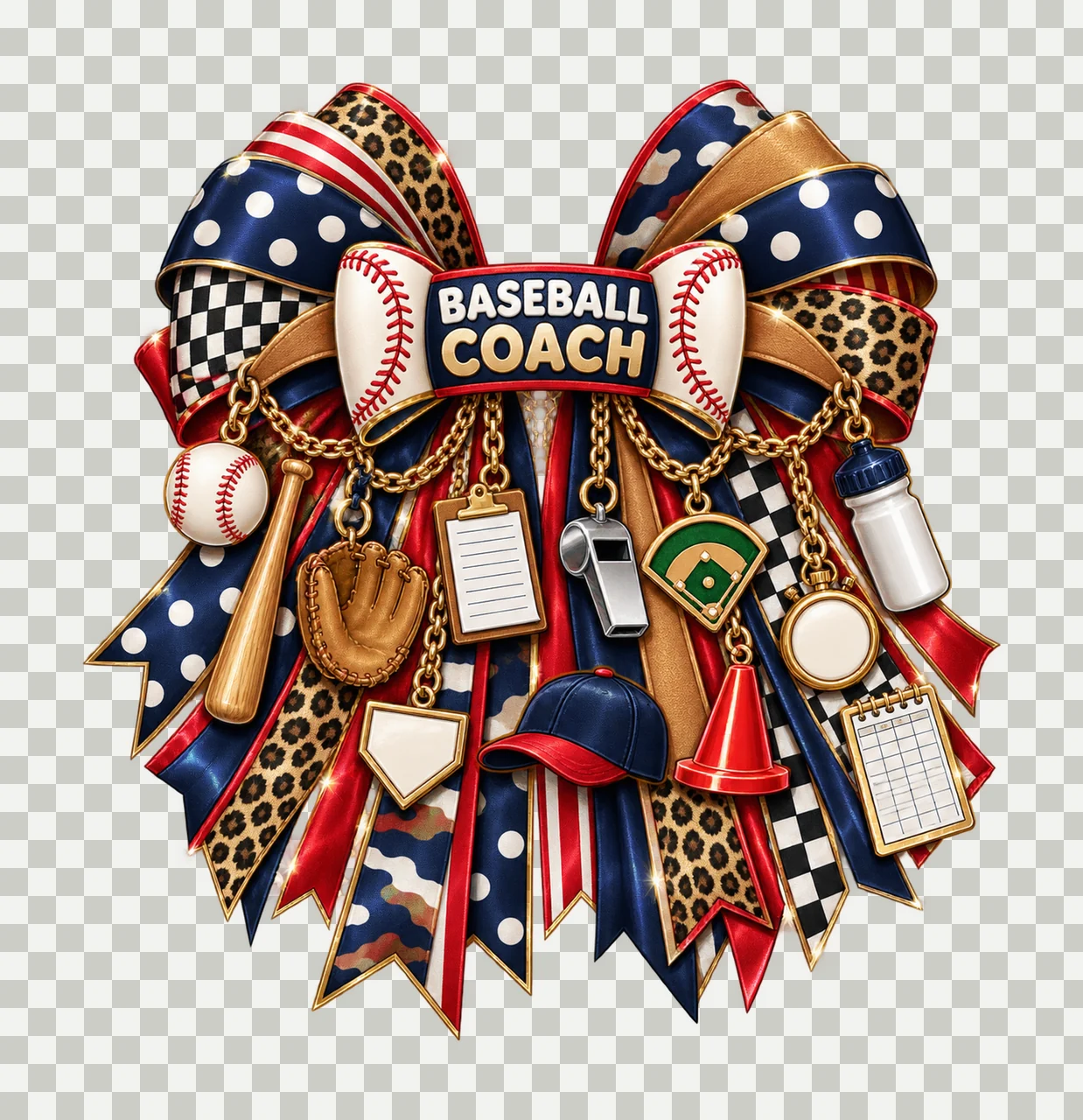 Baseball Coach Bow Charm PNG, Gold Chain Charms, Transparent Sublimation Design, Digital Download transparency and detail preview thumbnail