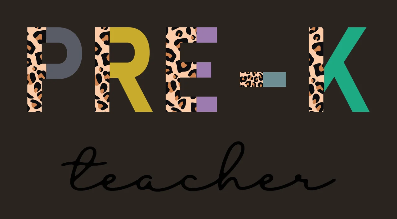PRE-K teacher Typography Design with PRE-K Teacher text, leopard print pattern, gray letter P and yellow letter R contrast preview thumbnail