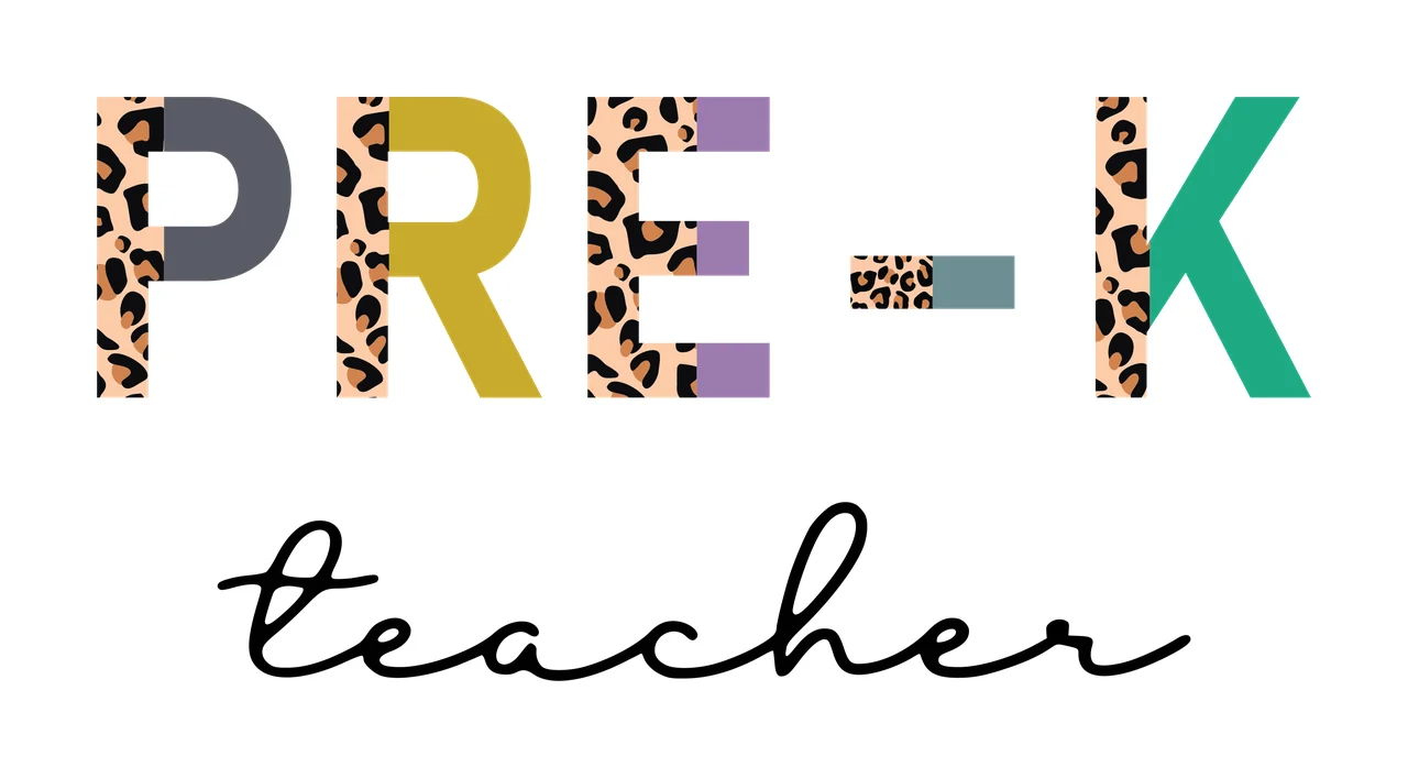 PRE-K teacher Typography Design with PRE-K Teacher text, leopard print pattern, gray letter P and yellow letter R