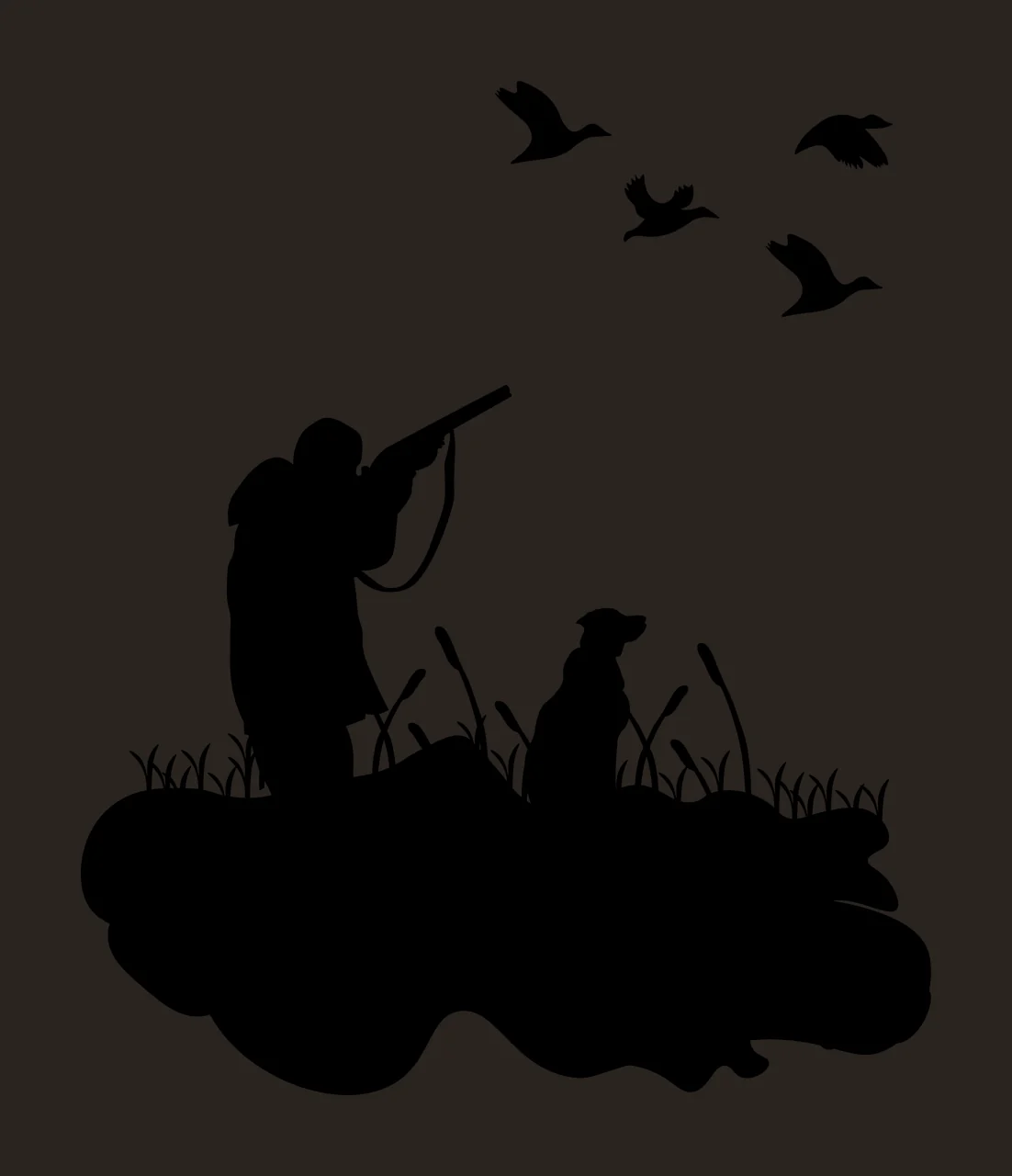 Hunter Aiming Shotgun At Flying Ducks dog grass silhouette contrast preview thumbnail