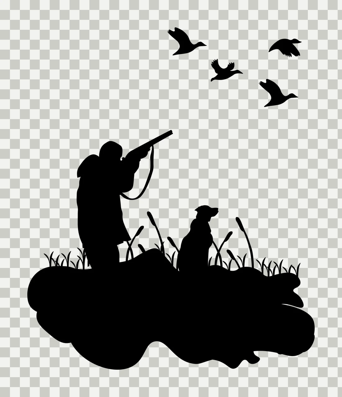 Hunter Aiming Shotgun At Flying Ducks dog grass silhouette transparency and detail preview thumbnail