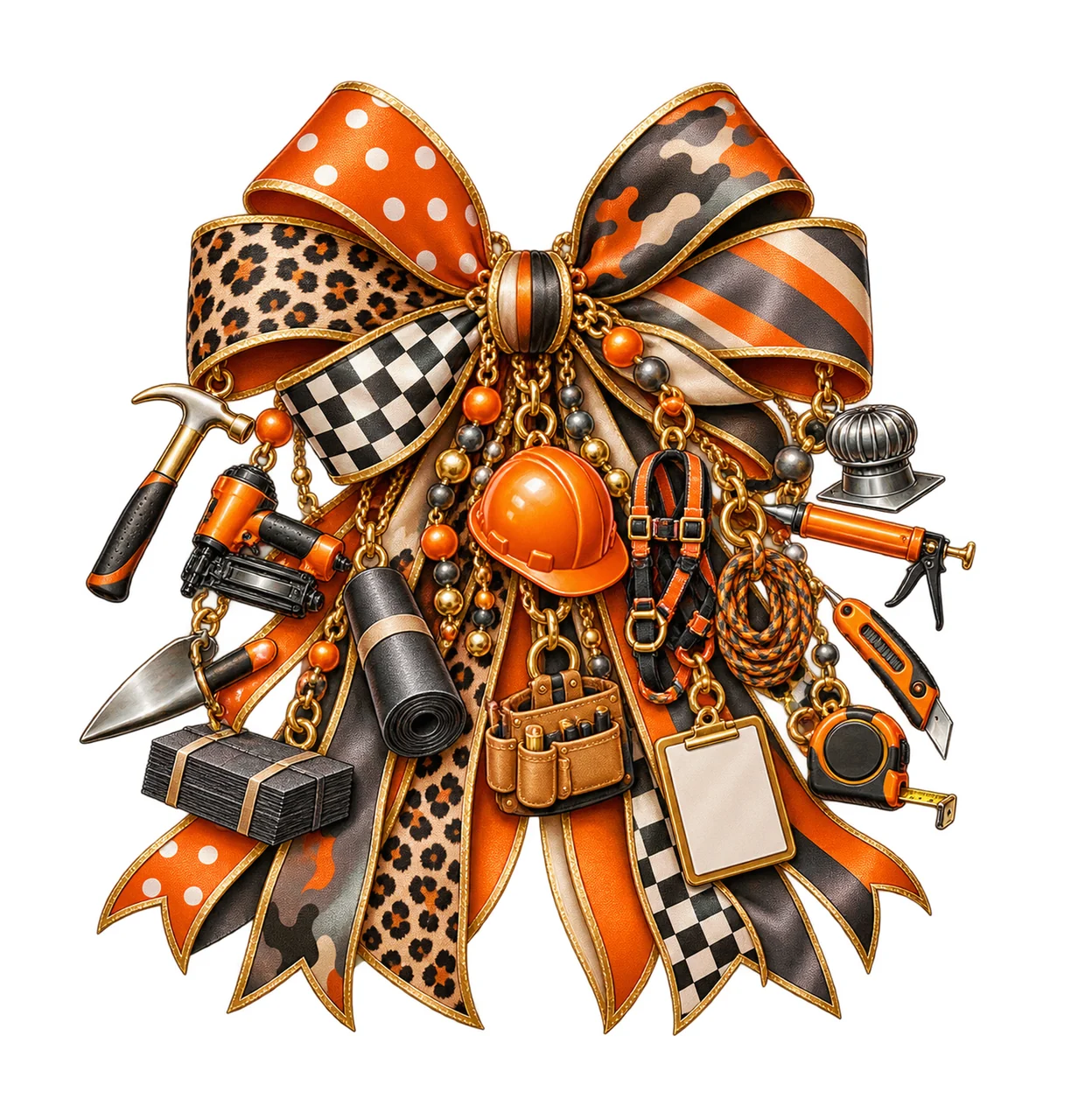 Roofer Bow Charm PNG, Themed Gold Chain Charms, Coquette Ribbon Sublimation Design, Transparent Digital Download