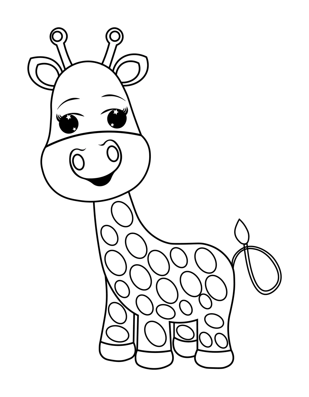 Animal Cartoon Giraffe With Round Spots standing tail line drawing