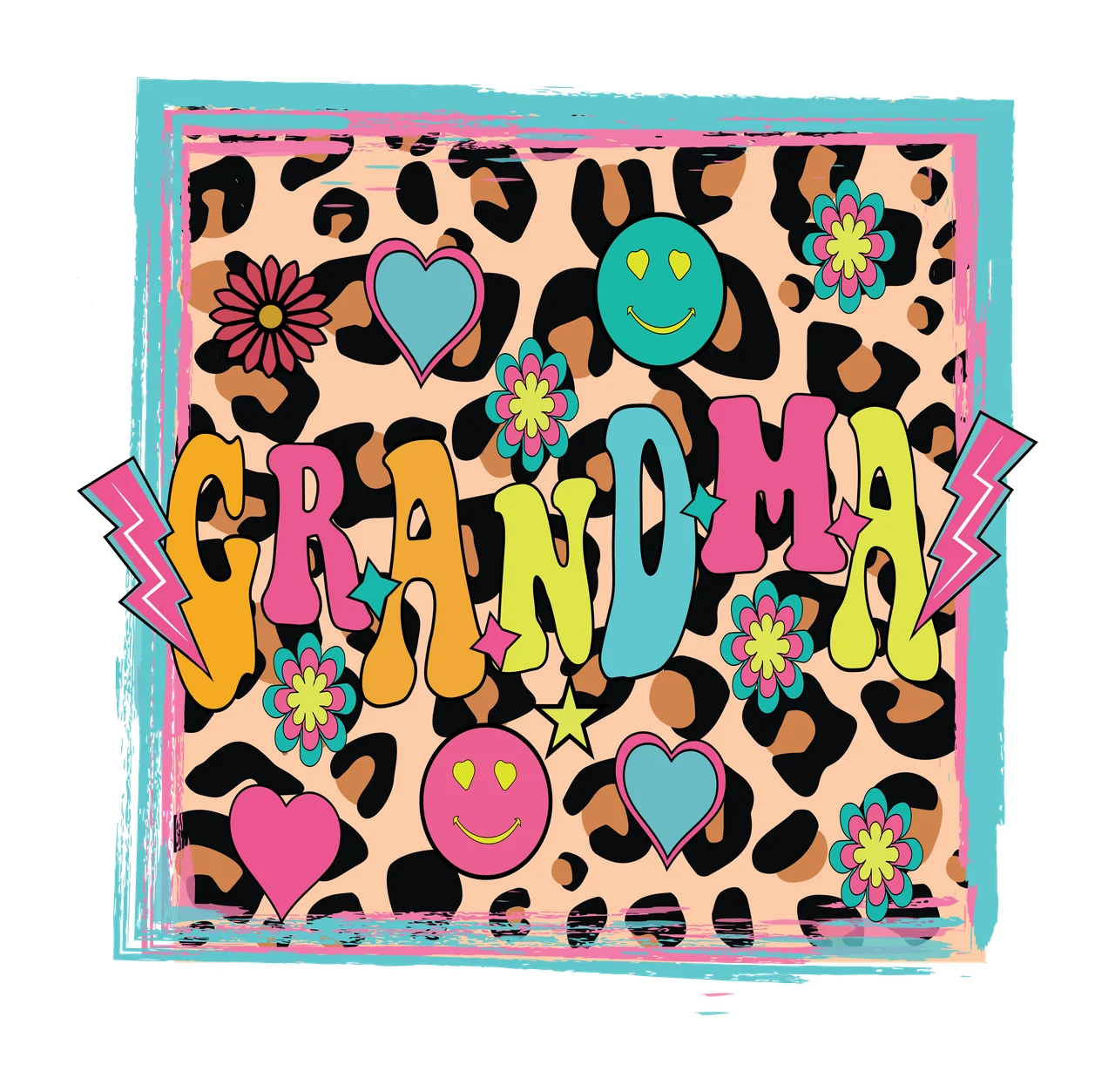 GRANDMA Typography Design with GRANDMA text, leopard print background, pink heart and blue heart in orange and yellow