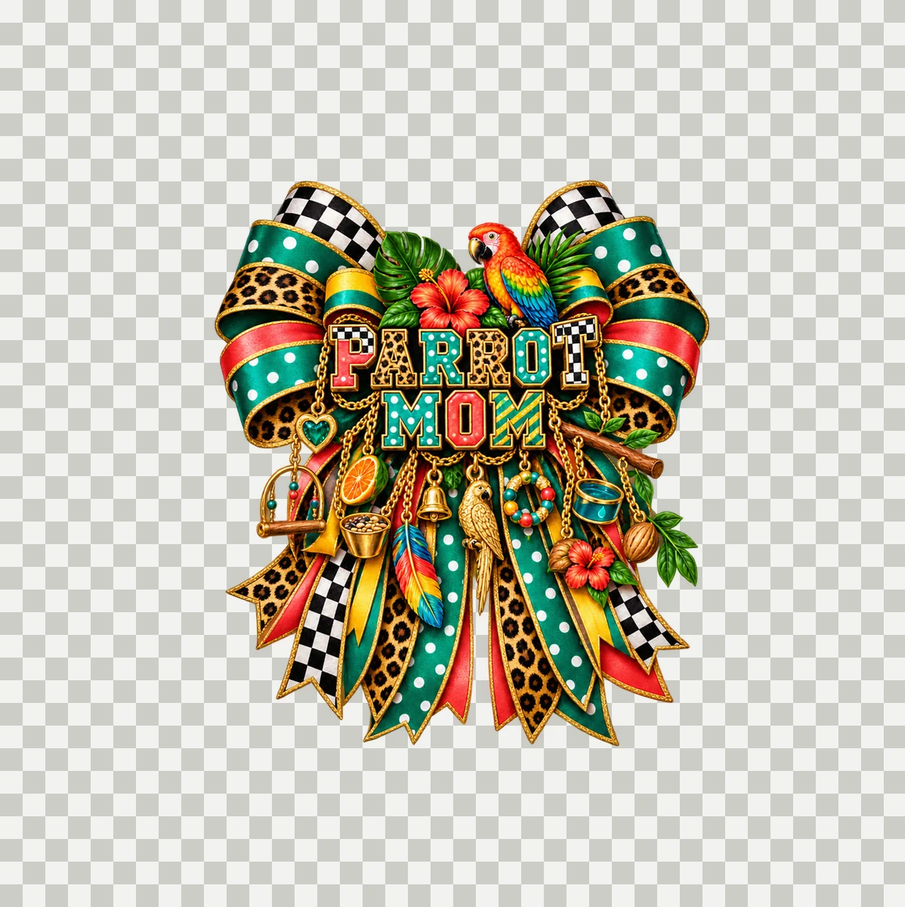 Parrot Mom Bow Charm PNG, Patterned Varsity Mom Ribbon Clipart, Transparent Sublimation Digital Download transparency and detail preview thumbnail