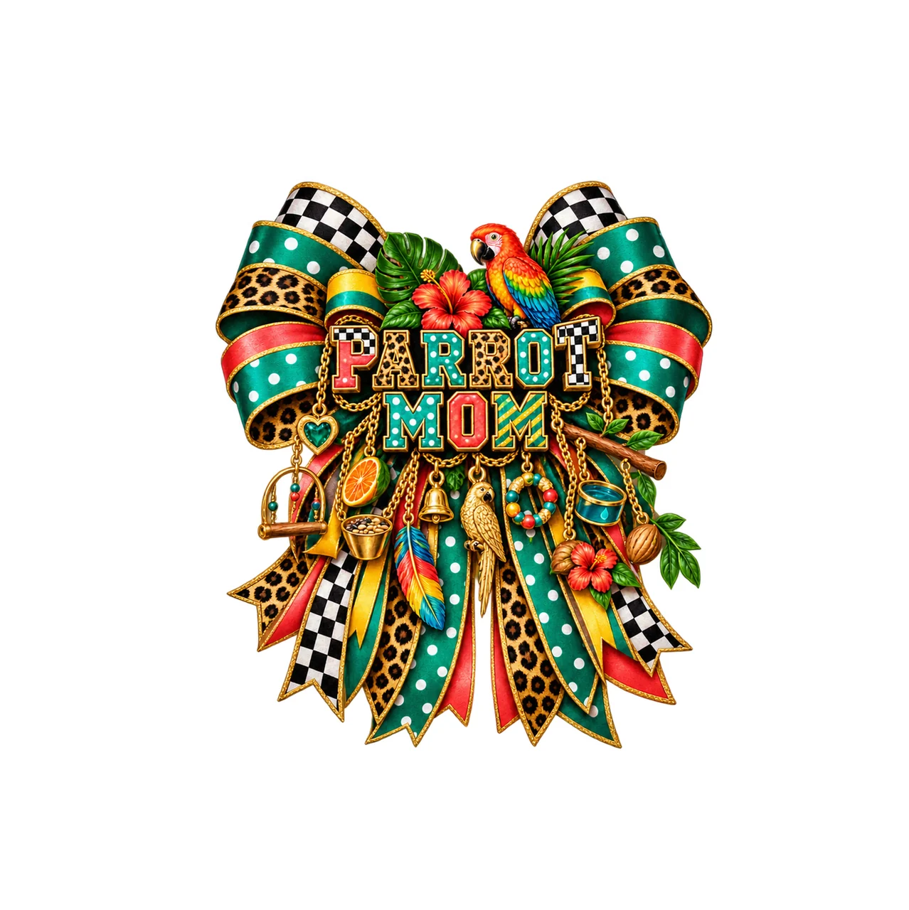 Parrot Mom Bow Charm PNG, Patterned Varsity Mom Ribbon Clipart, Transparent Sublimation Digital Download