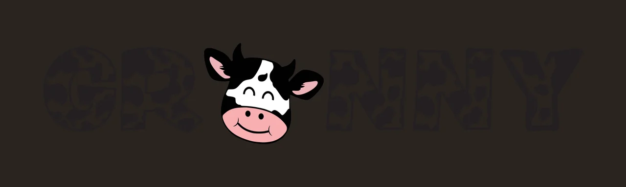 GRANNY Typography Design with cow head, cow print letters, pink muzzle and horns in black and white contrast preview thumbnail