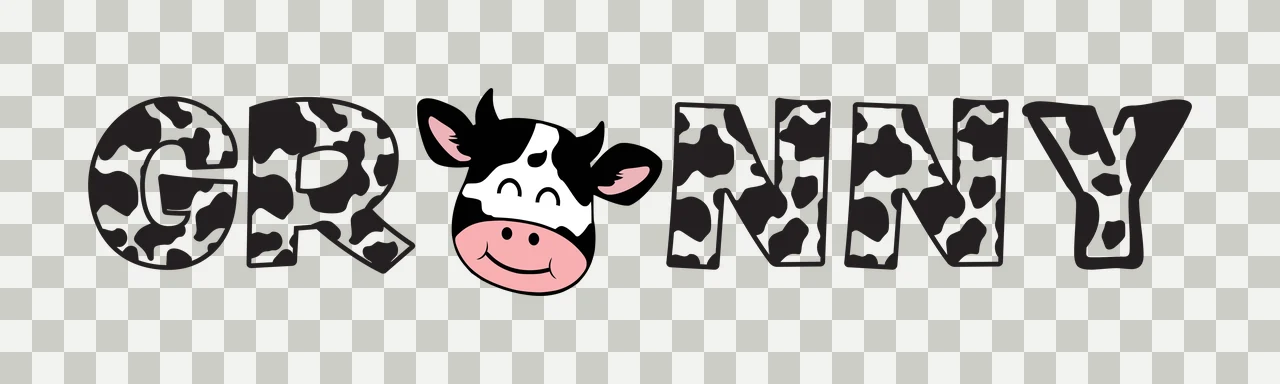 GRANNY Typography Design with cow head, cow print letters, pink muzzle and horns in black and white transparency and detail preview thumbnail
