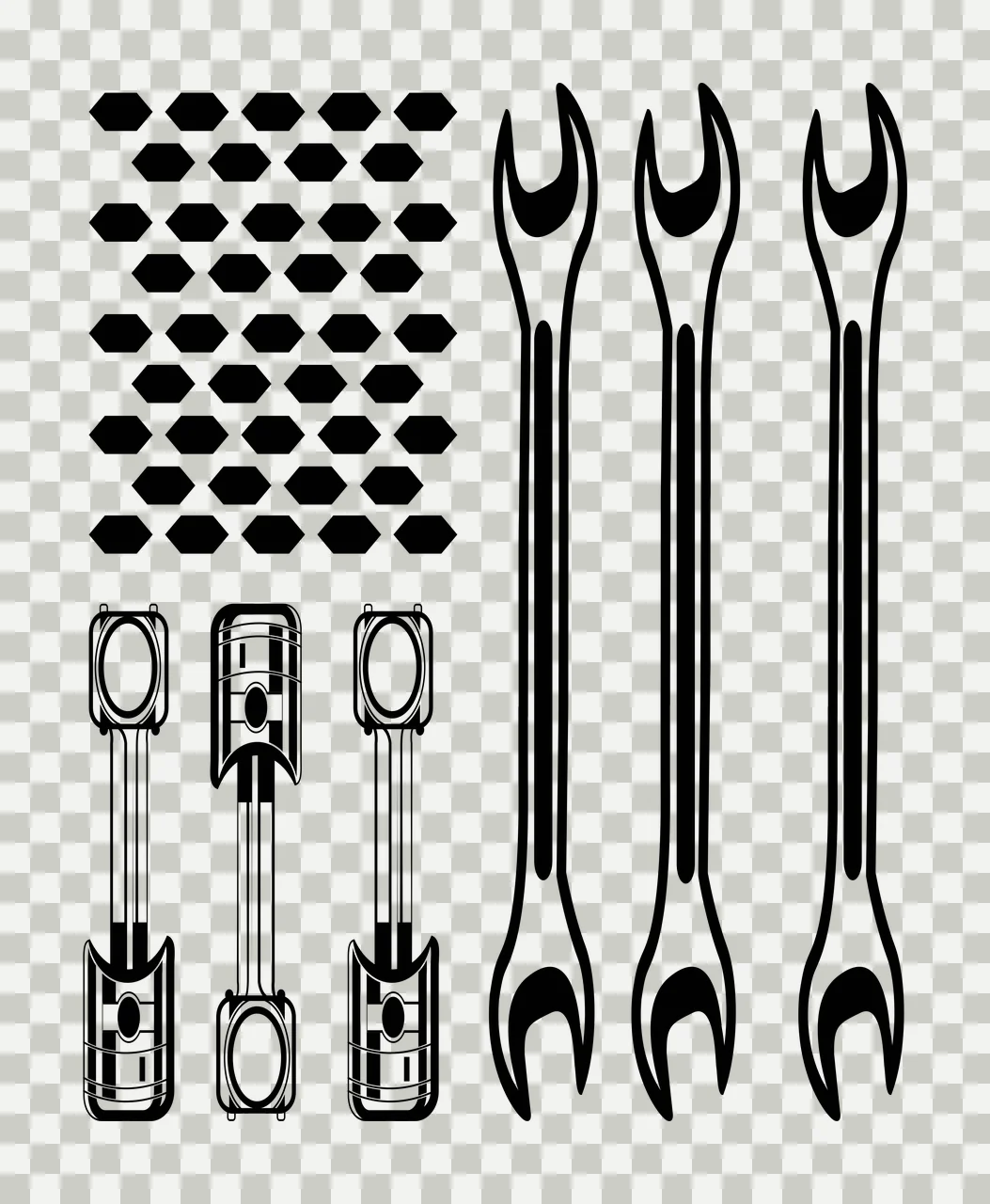 Mechanic Wrenches And Pistons Workshop Elements hexagons line drawing transparency and detail preview thumbnail