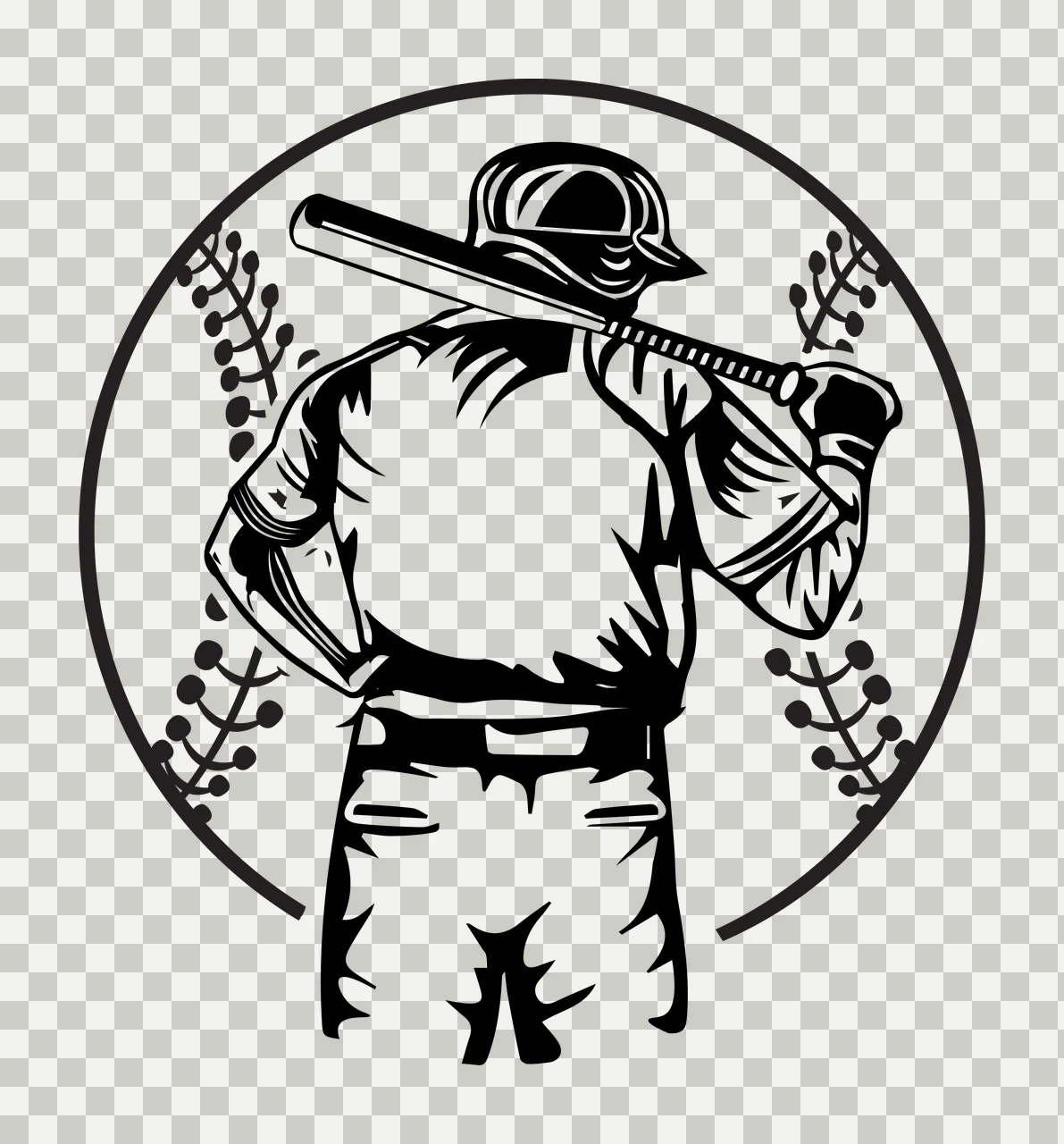 Baseball Player Circle Holding Bat Standing In Front black and white transparency and detail preview thumbnail