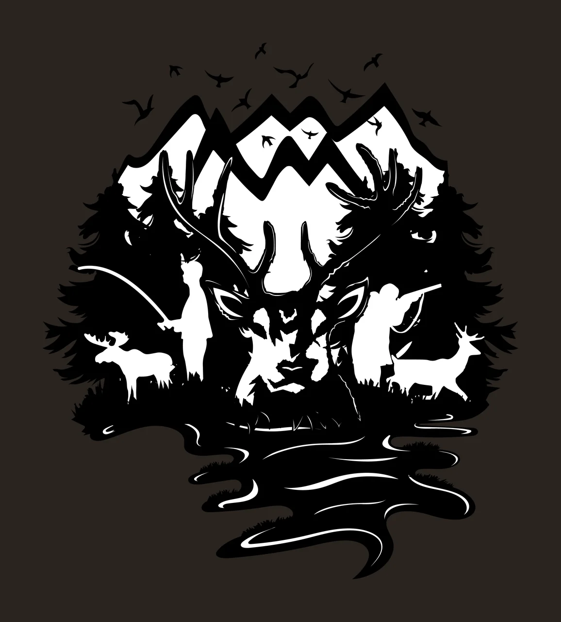 Mountain Landscape Silhouette With Birds mountains trees water contrast preview thumbnail