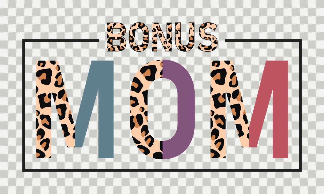 BONUS MOM Typography Design with BONUS lettering, leopard print pattern, black frame line and split letter coloring in tan and brown transparency and detail preview thumbnail