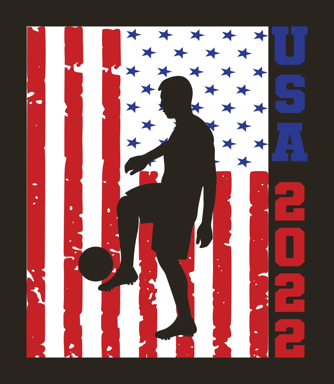 USA 2022 volleyball player silhouette and american flag Design with stars, vertical distressed stripes and vertical text in red, blue and white contrast preview thumbnail
