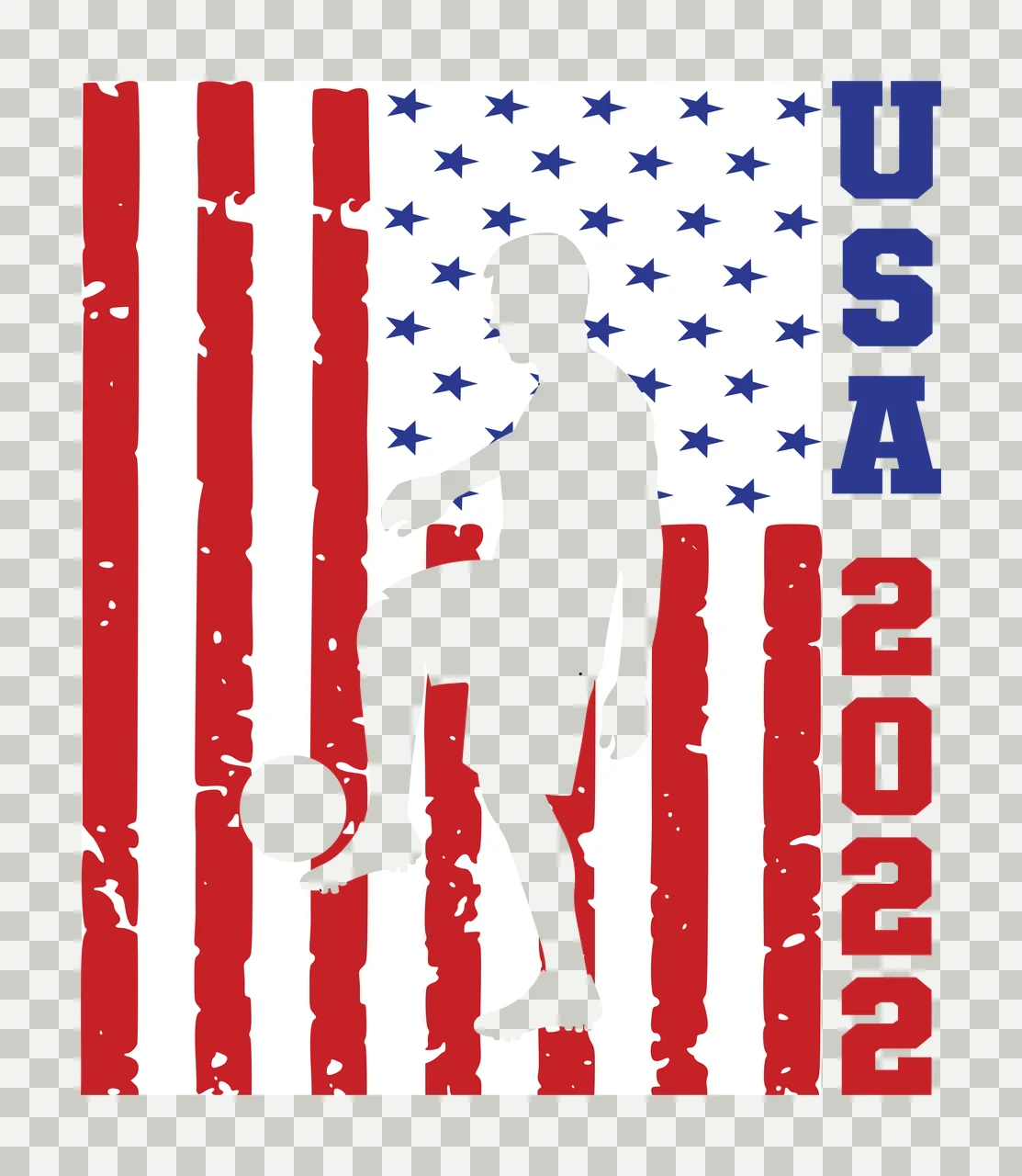 USA 2022 volleyball player silhouette and american flag Design with stars, vertical distressed stripes and vertical text in red, blue and white transparency and detail preview thumbnail