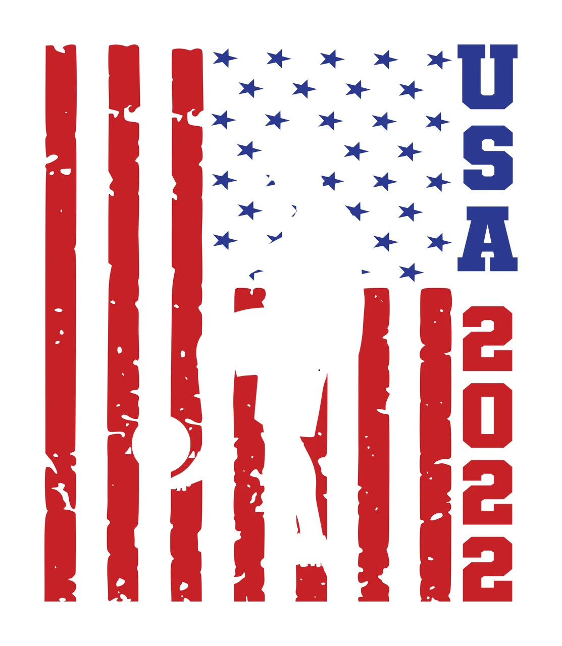 USA 2022 volleyball player silhouette and american flag Design with stars, vertical distressed stripes and vertical text in red, blue and white