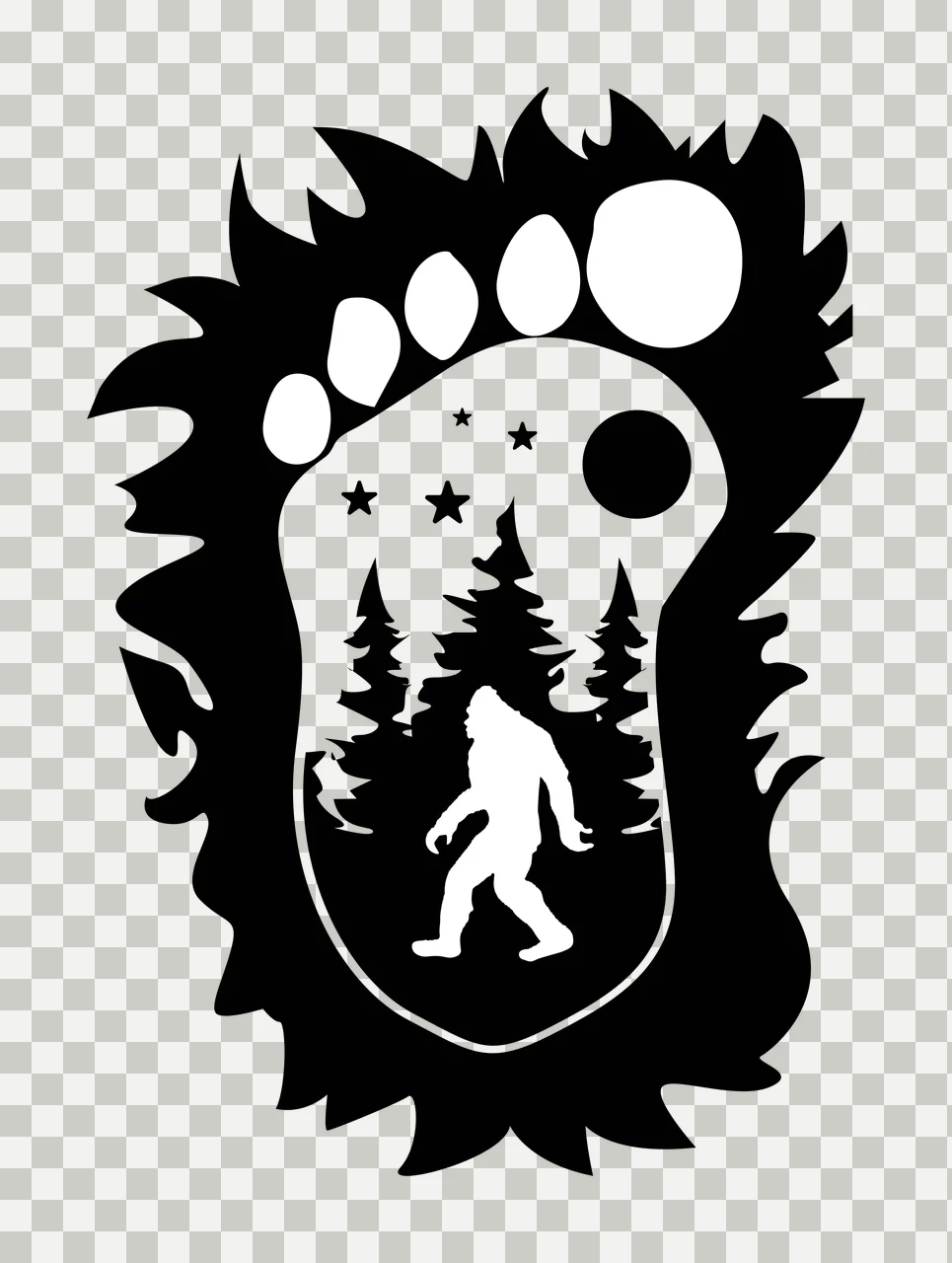 Bigfoot silhouette Illustration with jagged-edged footprint, pine forest, moon and stars in black and white transparency and detail preview thumbnail