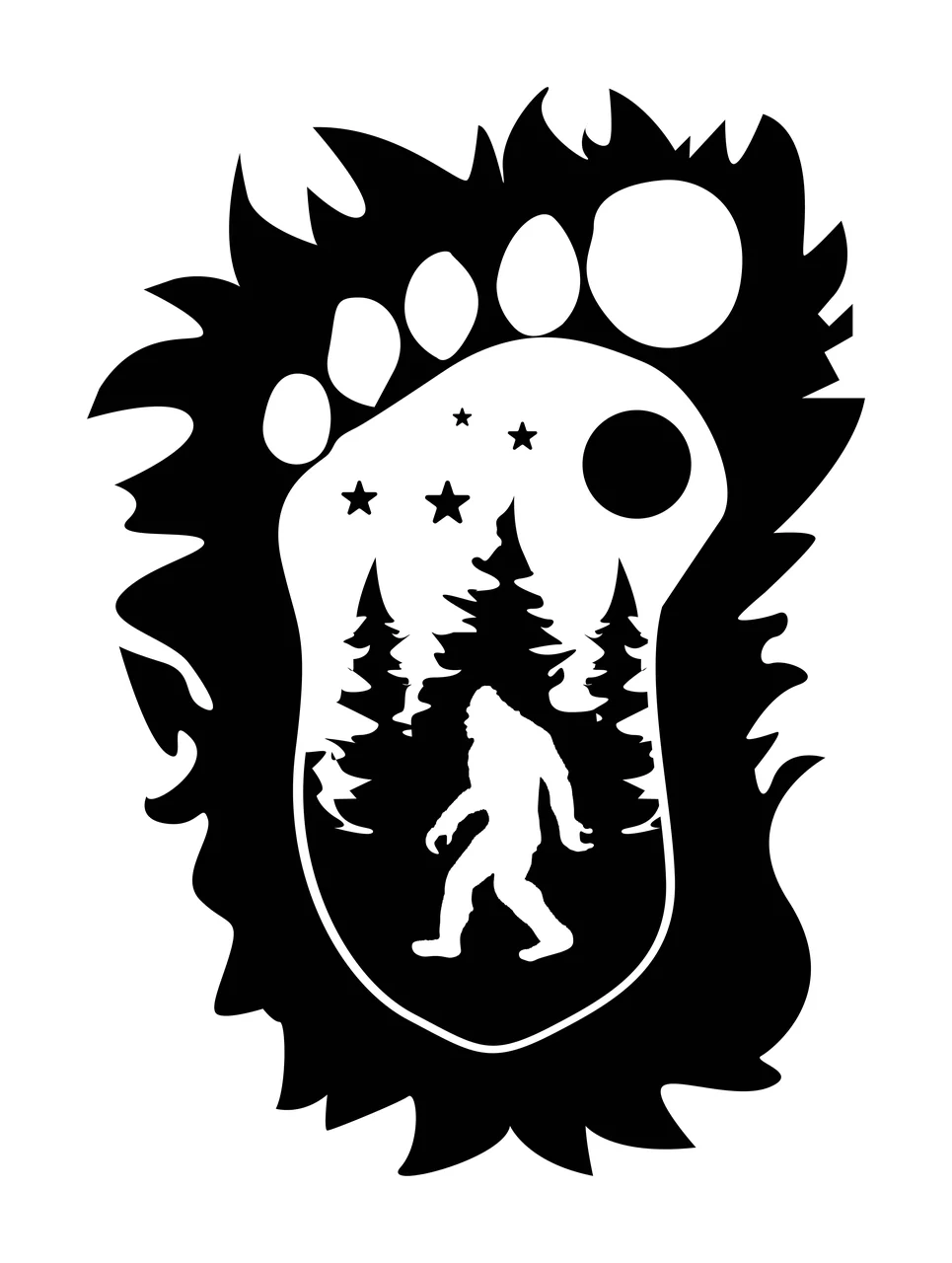 Bigfoot silhouette Illustration with jagged-edged footprint, pine forest, moon and stars in black and white