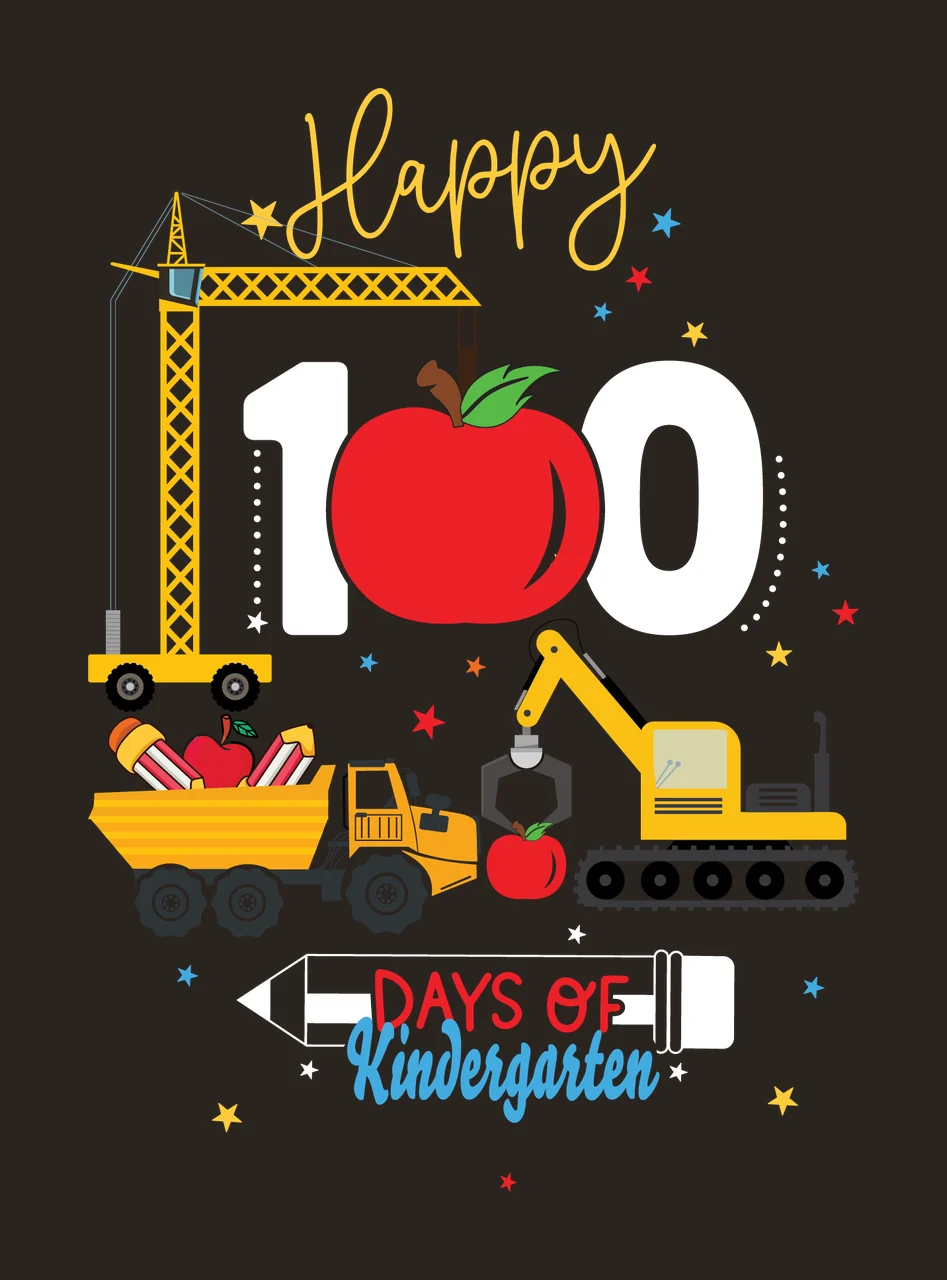 Happy 100 Days Of Kindergarten Construction Illustration vehicles contrast preview thumbnail