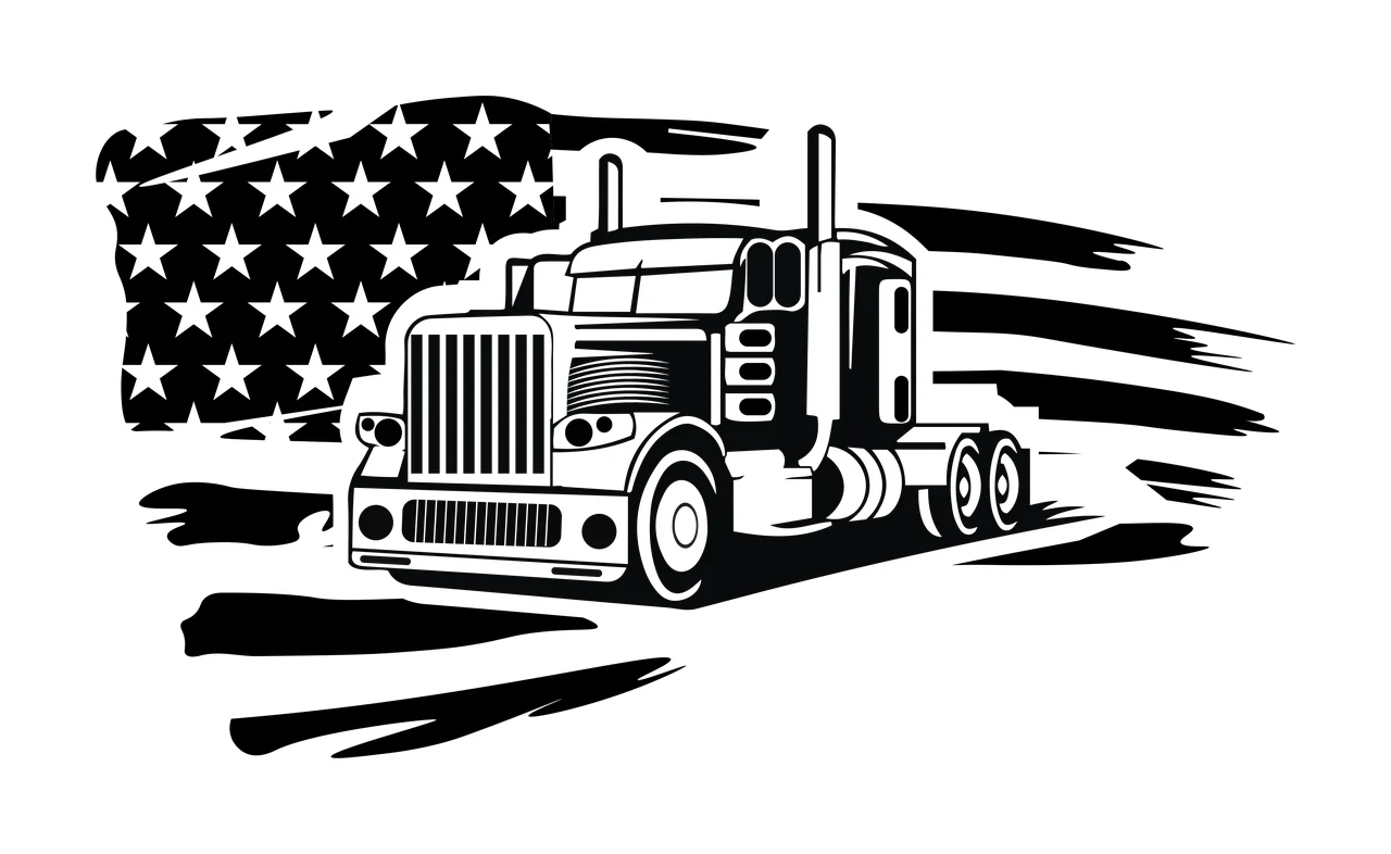 Semi Truck Flag With Background driving silhouette black white