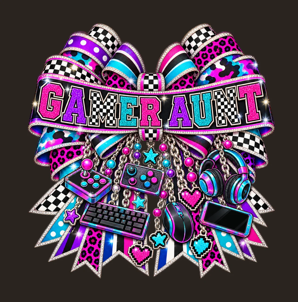Gamer Aunt Bow Charm PNG, Patterned Varsity Aunt Ribbon Clipart, Transparent Sublimation Digital Download contrast preview thumbnail