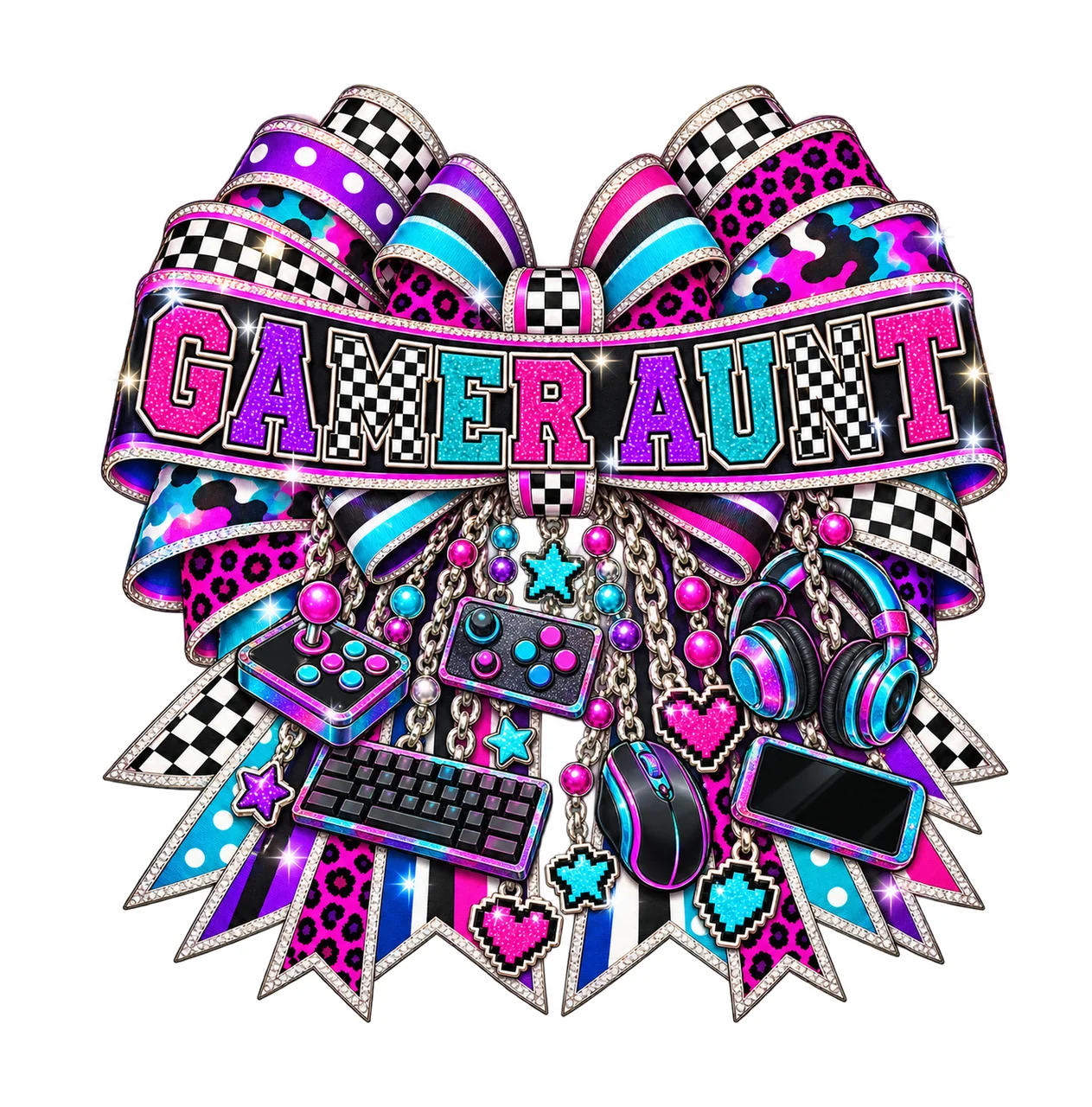 Gamer Aunt Bow Charm PNG, Patterned Varsity Aunt Ribbon Clipart, Transparent Sublimation Digital Download