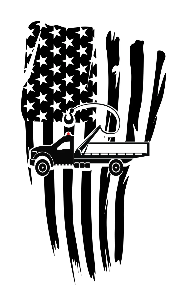 tow truck with hook, flag, stars in black, white silhouette Style