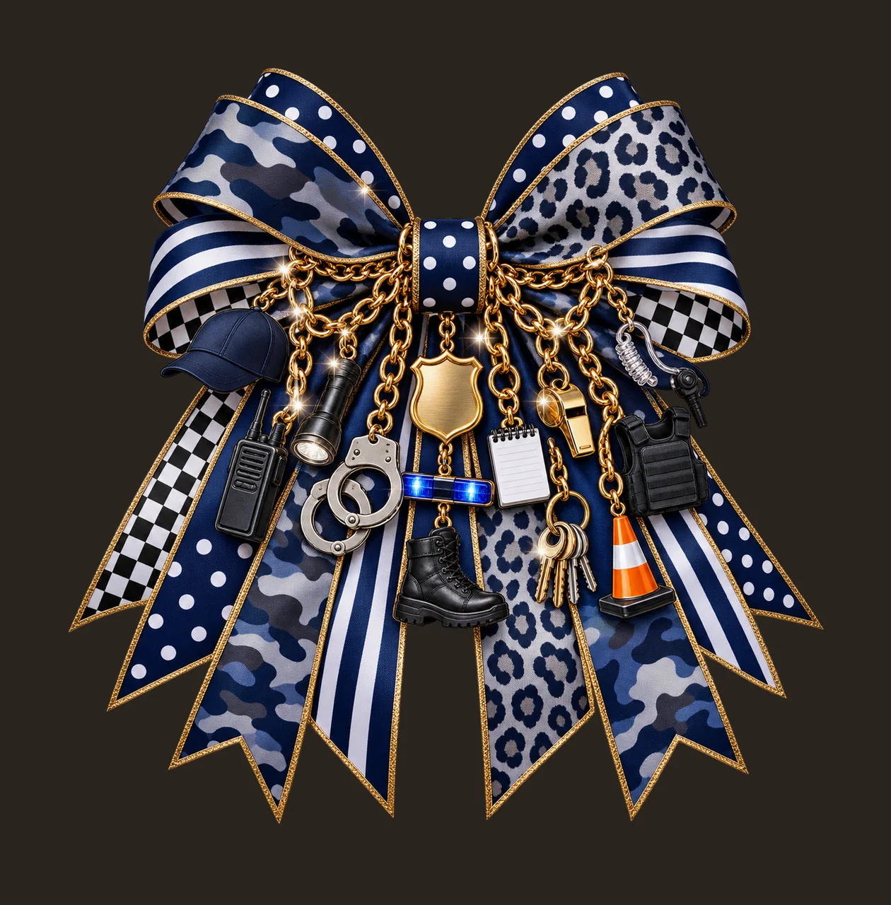 Police Appreciation Bow Charm PNG, Radio Flashlight Handcuffs and Patrol Charms, Law Enforcement Sublimation Design contrast preview thumbnail