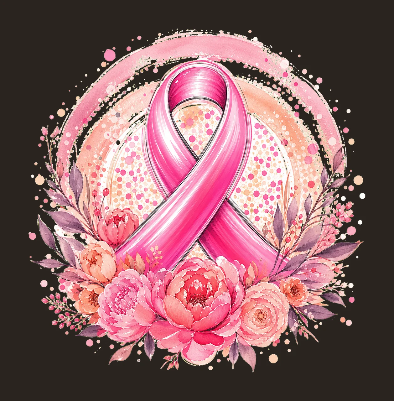 Pink Ribbon Circular Floral Frame awareness flowers leaves contrast preview thumbnail