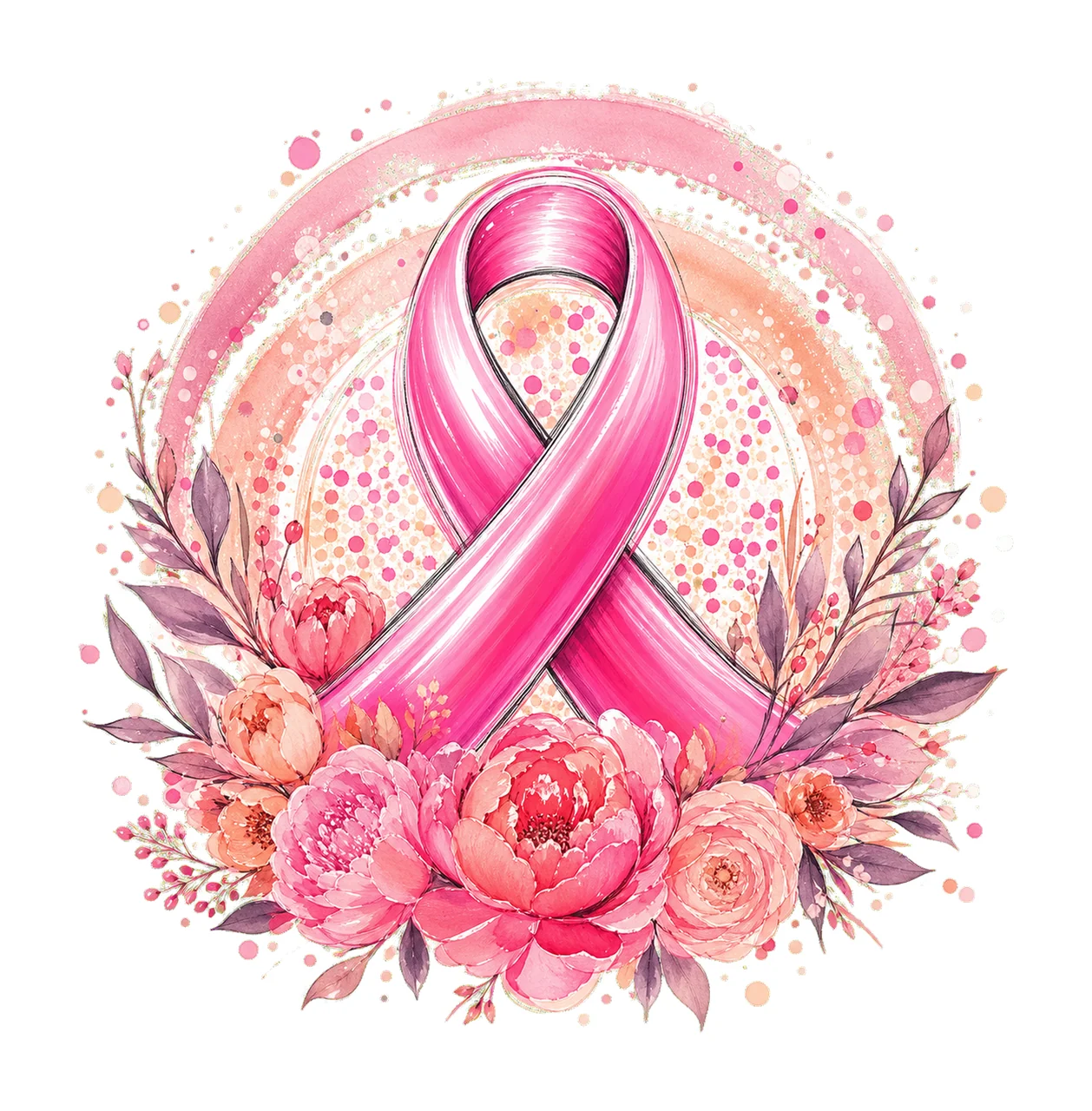 Pink Ribbon Circular Floral Frame awareness flowers leaves