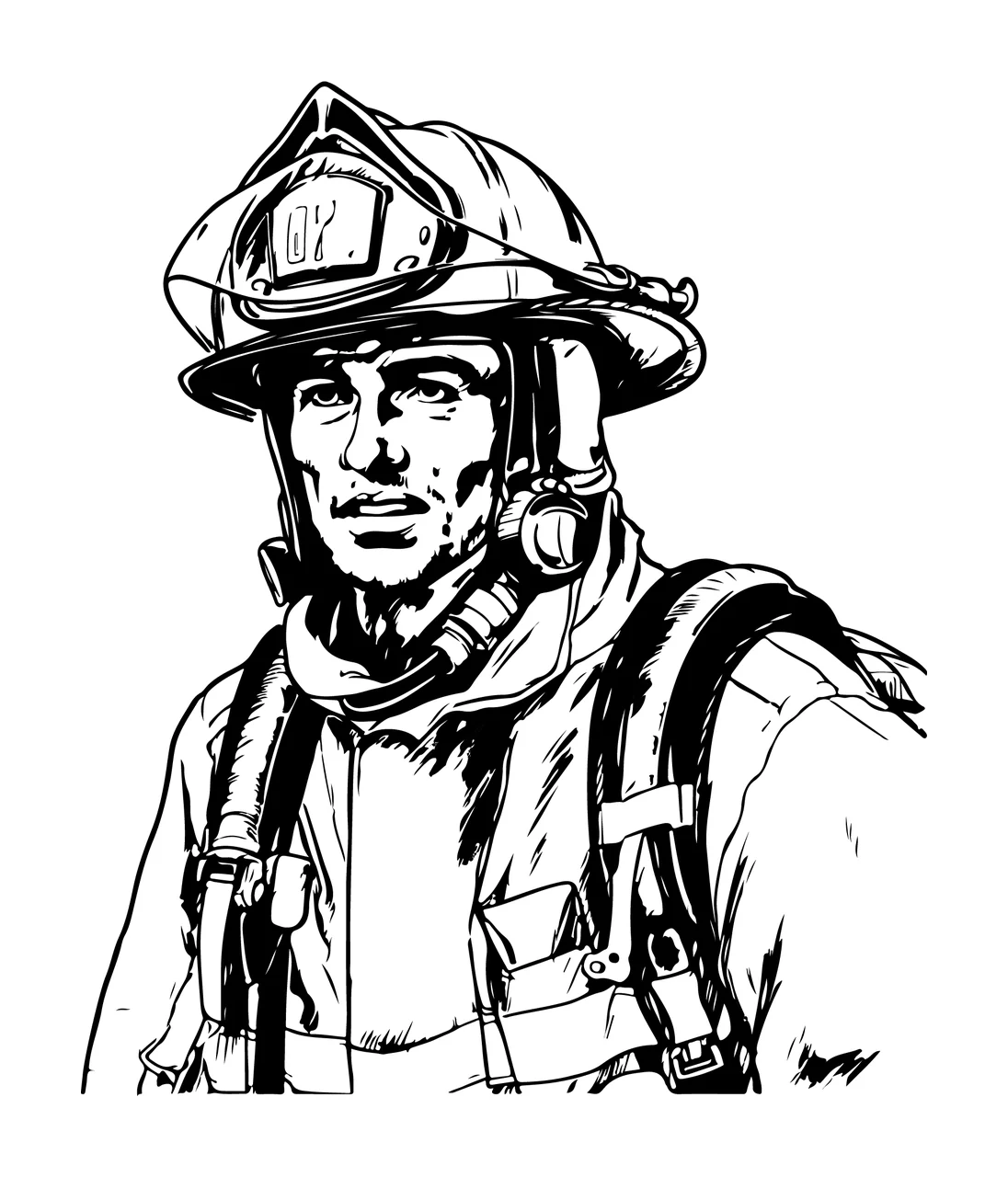 Firefighter In Uniform With Helmet standing person ink illustration