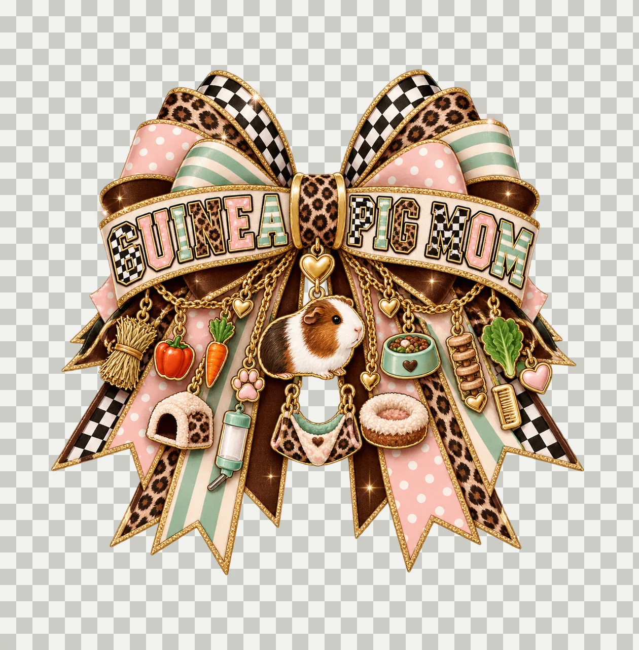 Guinea Pig Mom Bow Charm PNG, Patterned Varsity Mom Ribbon Clipart, Transparent Sublimation Digital Download transparency and detail preview thumbnail