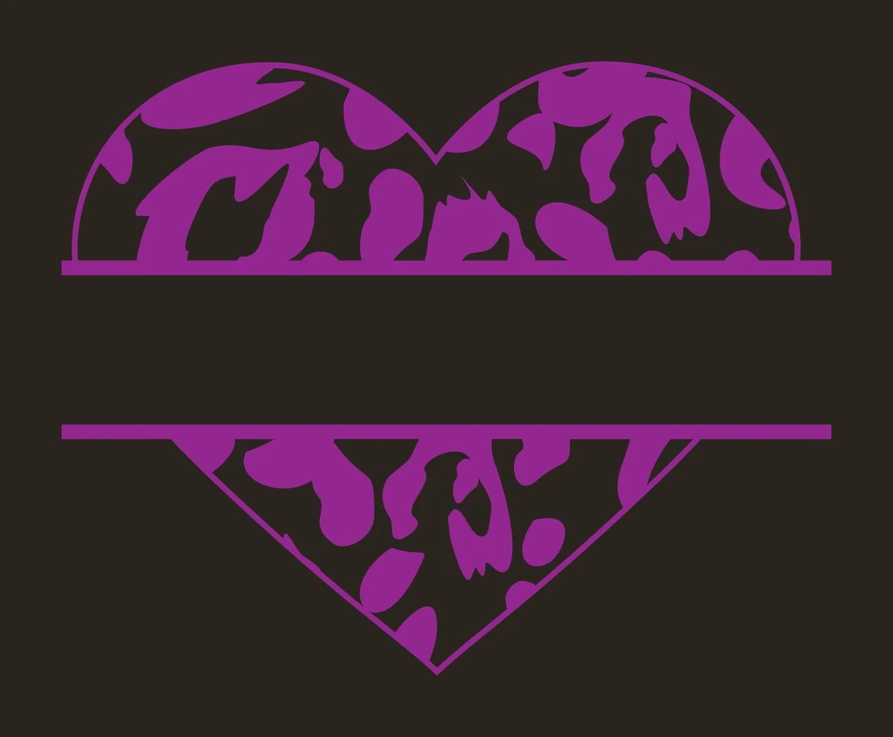 Split heart monogram frame with leopard print, animal spots, split line and blank space in purple and white contrast preview thumbnail