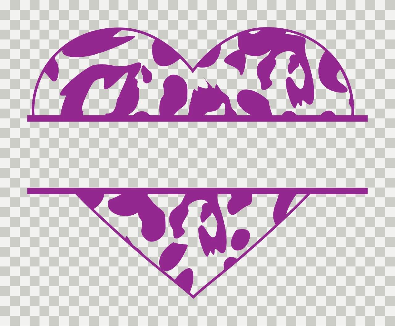Split heart monogram frame with leopard print, animal spots, split line and blank space in purple and white transparency and detail preview thumbnail