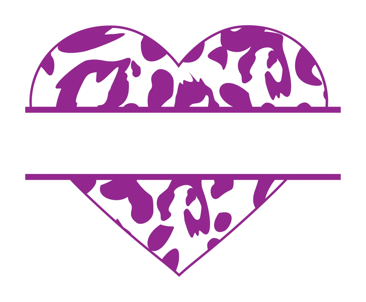 Split heart monogram frame with leopard print, animal spots, split line and blank space in purple and white
