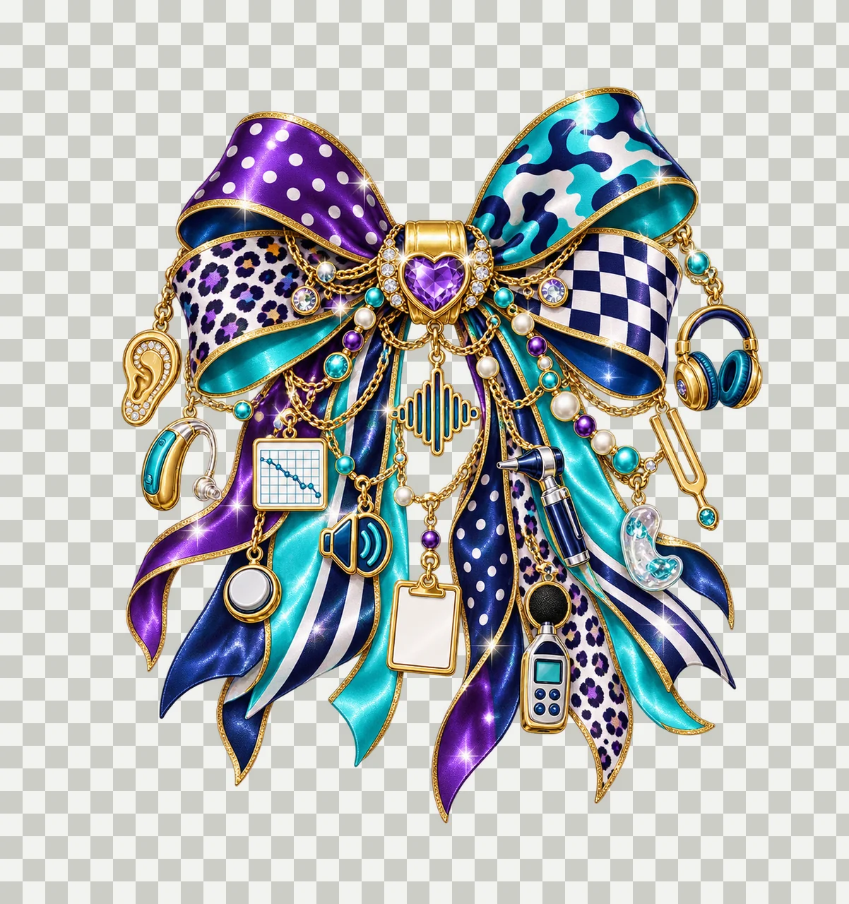 Audiologist Bow Charm PNG, Themed Gold Chain Charms, Coquette Ribbon Sublimation Design, Transparent Digital Download transparency and detail preview thumbnail