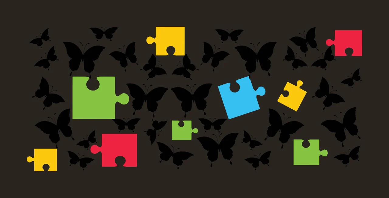 Butterflies and puzzle pieces Illustration with black butterflies, yellow puzzle piece, red puzzle piece and green puzzle piece contrast preview thumbnail